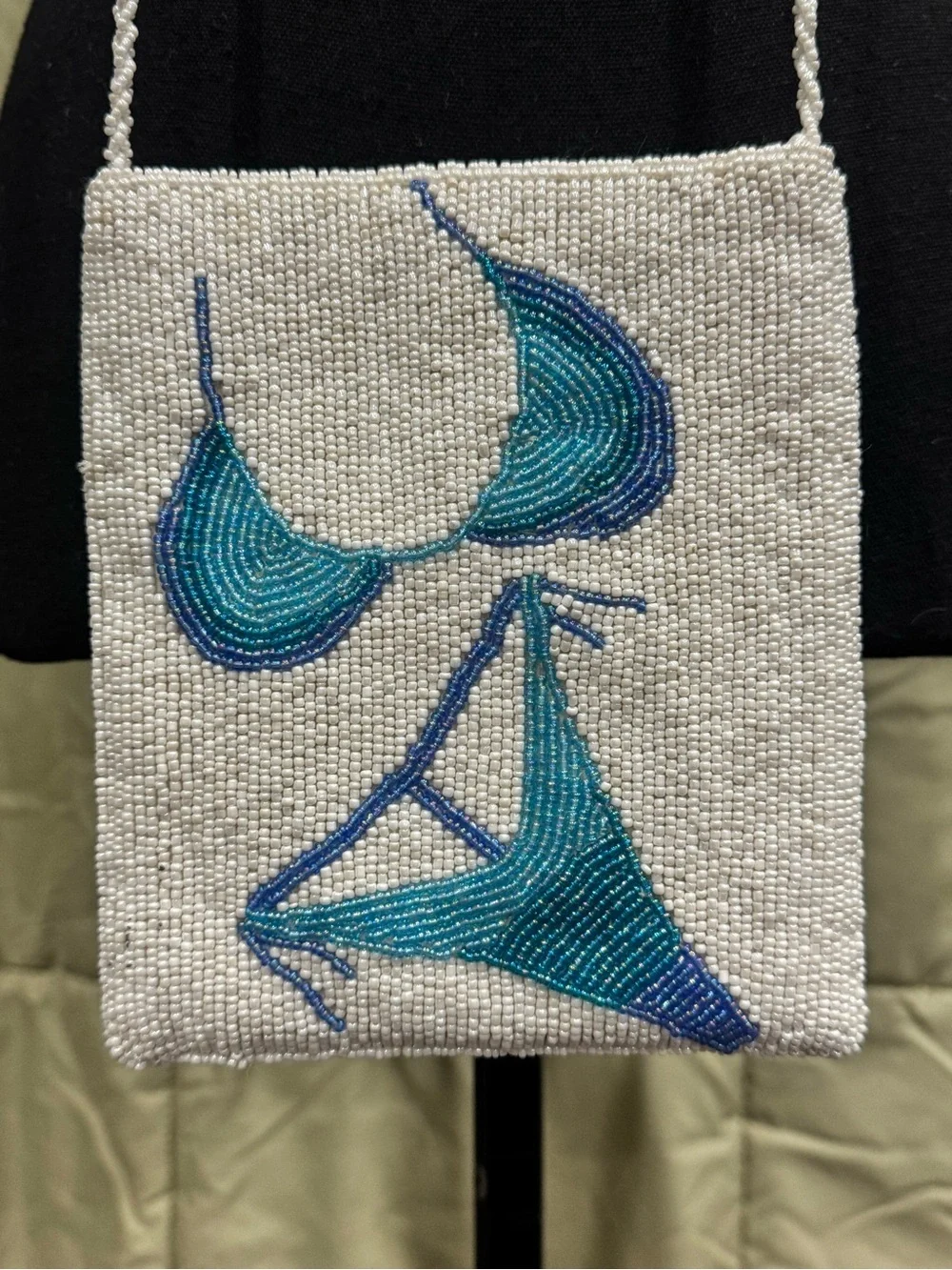 Beaded White Crossbody Bag with Blue Bikini Motif